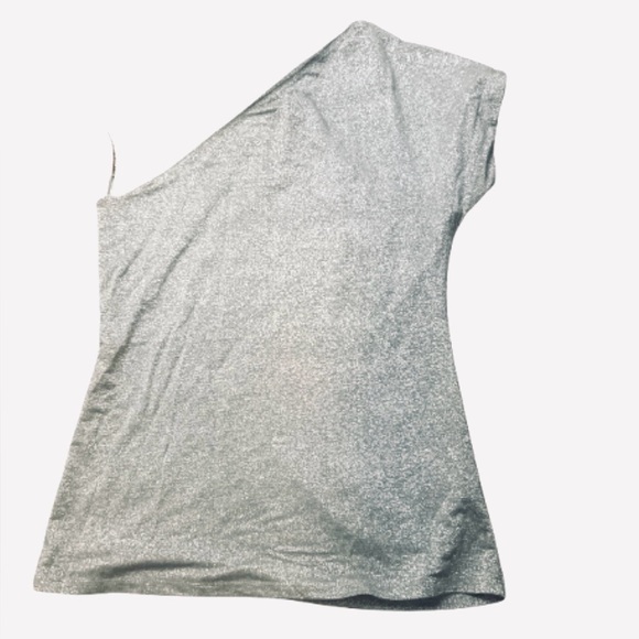 Ann Taylor Chic Holiday Silver Shimmer Metallic One-Shoulder Top - Picture 4 of 10